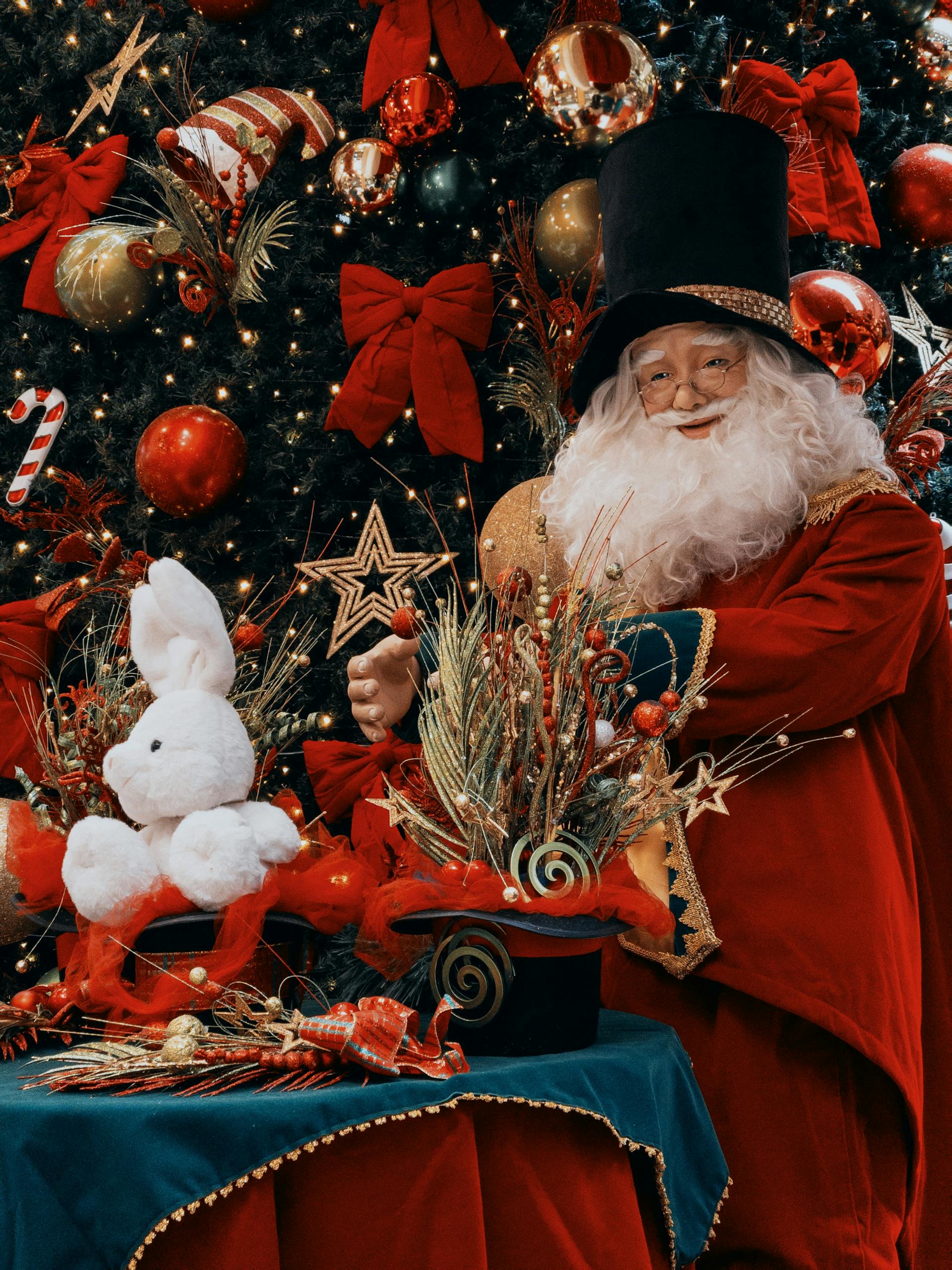 Vibrant Christmas scene featuring a Santa Claus figure and festive decorations, perfect for holiday cheer.