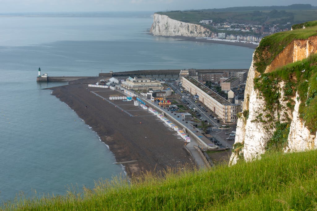 A stunning aerial view of Le Tréport, Normandy's chalk cliffs and coastal town.