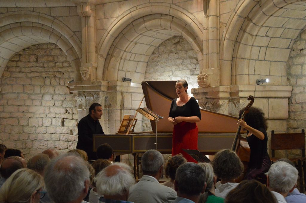 Intimate classical concert with performers and audience in a historic arch venue.
