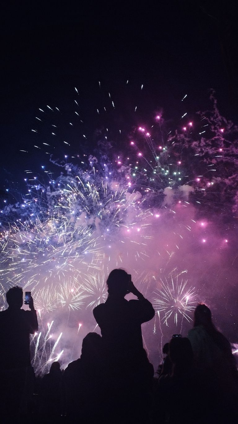 Crowd silhouetted against vibrant fireworks lighting up the night sky, capturing the moment with phones.